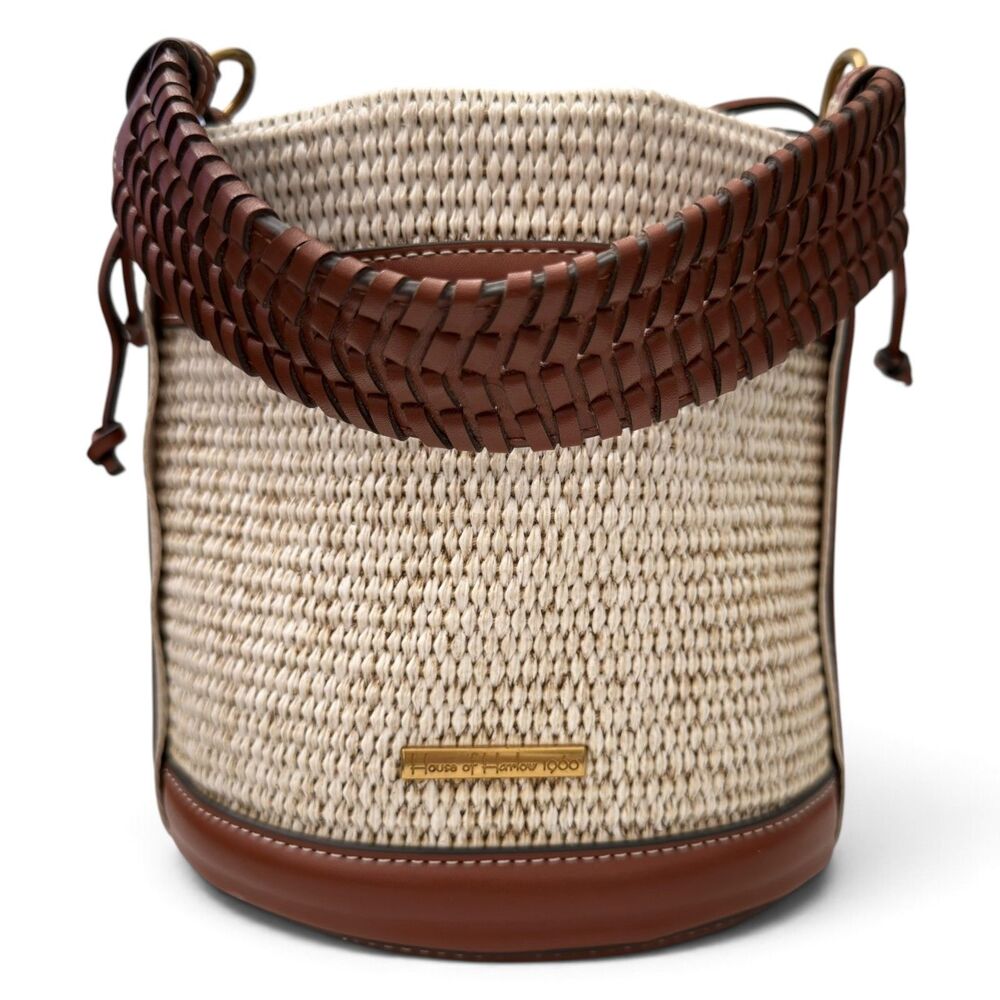 house of harlow 1960 raffia woven bucket bag brown and cream braided handle